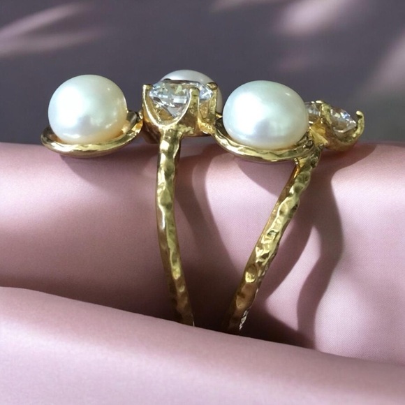 Tamar Swarovski Crystal Freshwater Pearl Ring Silver Plated 18k Gold NWT 8.5 - Picture 5 of 10